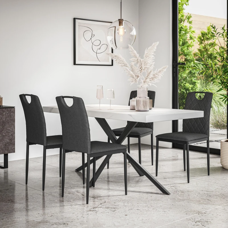 Image of More4Homes Donni Dining Table And Chairs - White Marble Effect Table Top W Black Legs + Monza Linen Dining Chair Lset Of 6 (Charcoal)