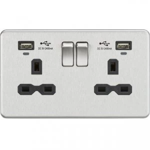 Image of 5 PACK - 13A 2G Switched Socket, Dual USB (2.4A) with LED Charge Indicators - Brushed Chrome w/black insert