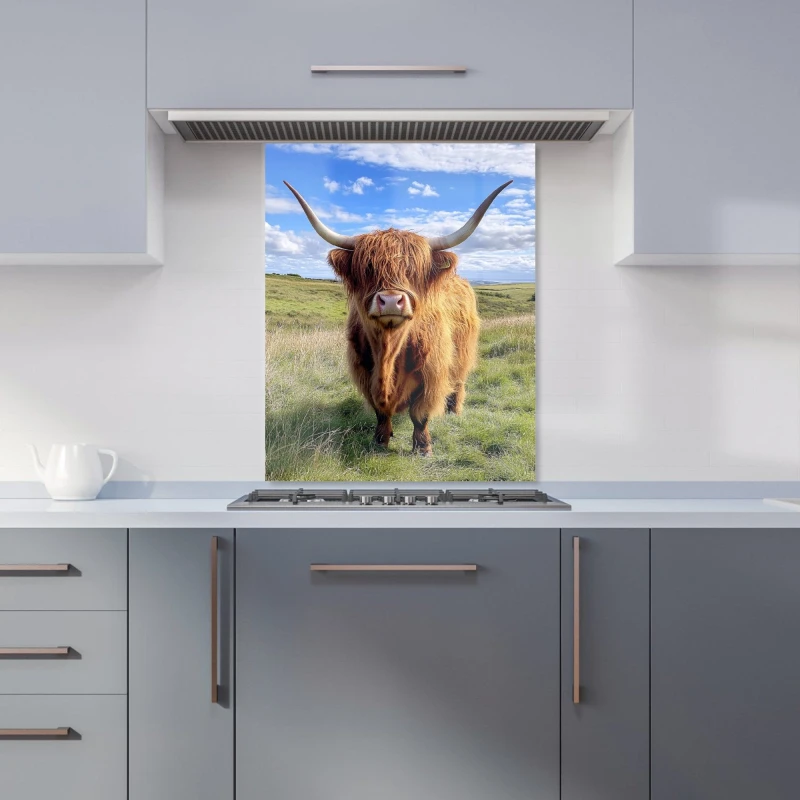 Image of Warren Reed - Designer Highland Cow In Summer Kitchen Splashback Size: 600mm x 750mm Multicolor Unisex 600mm x 750mm