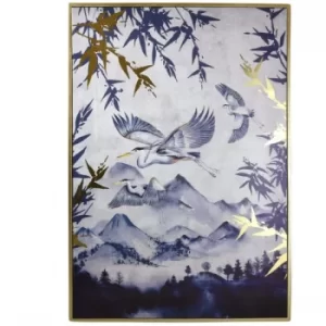 Image of Oriental Heron Design Canvas Print with Gold Wooden Frame 50x70 cm