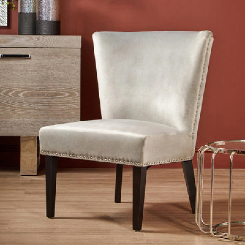 Image of Premier Housewares Velvet Dining Chair, Dining Room Accent Chair, Velvet Upholstered Wing Chair with Wooden Legs Silver