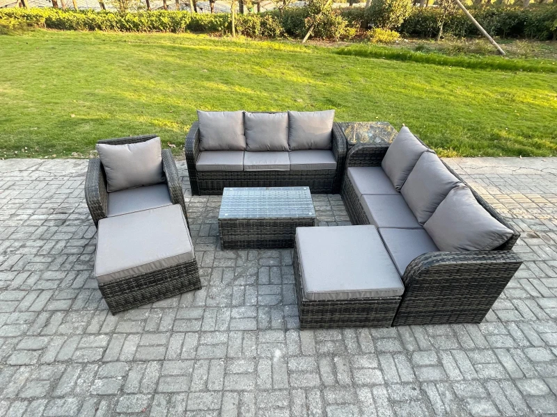 Image of Fimous 9 Seater Rattan Lounge Sofa Set Outdoor Garden Furniture Set with Rectangular Coffee Table 3 Seater Sofa 2 Big Footstool Side Table Dark Grey