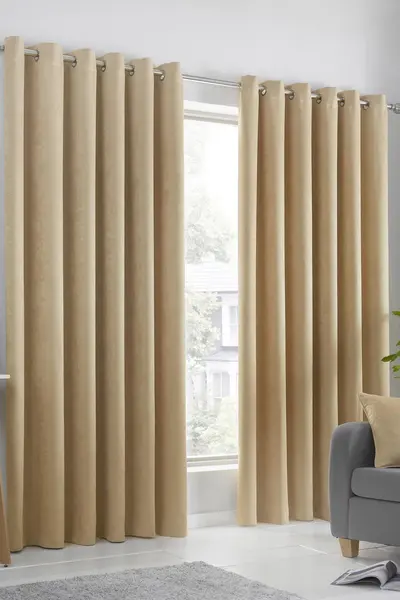 Image of Fusion 'Strata' Triple-Woven Fully Lined Dimout Eyelet Curtains Mustard
