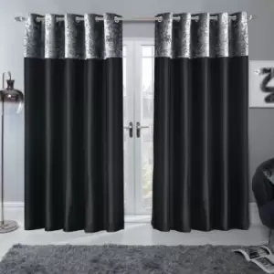 Image of Sienna Crushed Velvet Band Curtains Pair Eyelet Faux Silk Fully Lined Ring Top Manhattan Black Silver 46" Wide X 72" Drop