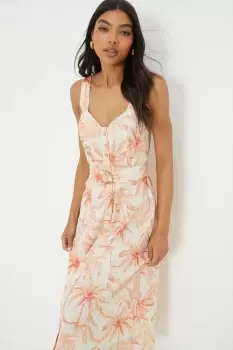 Image of Ivory Palm Print Button Through Strappy Midi Dress