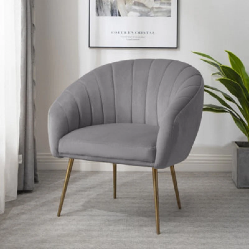 Image of Helena 74Cm Wide Grey Shell Back Velvet Fabric Accent Chair With Brass Coloured Steel Legs