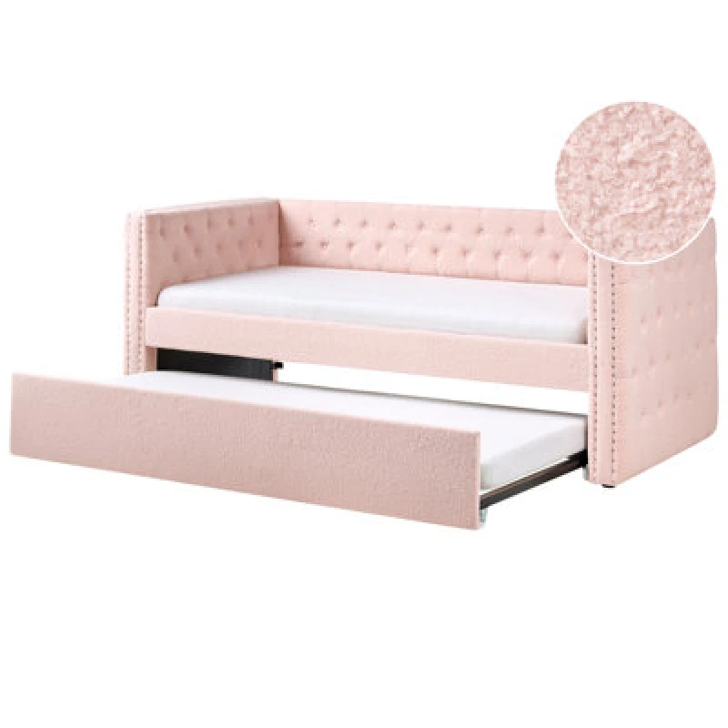 Image of Beliani Trundle Bed Boucle Gassin 90 X 200 Cm (Eu Single) Pastel Pink