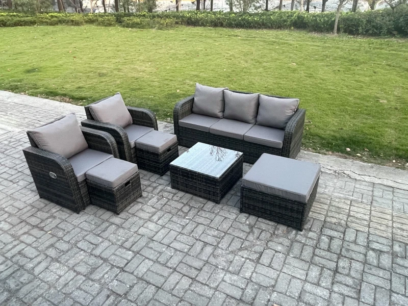 Image of Fimous Garden Furniture Sets Wicker Rattan Furniture Patio Sofa Sets with Reclining Chair Dark Grey Mixed Dark Grey