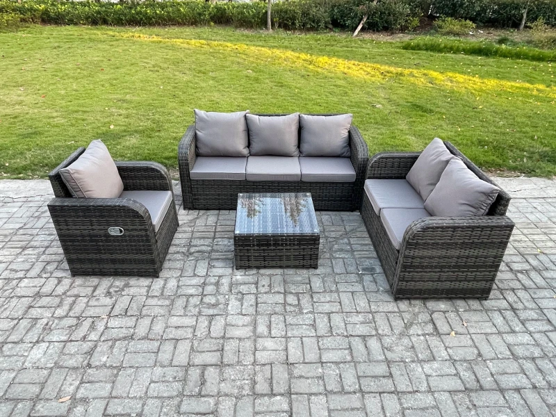 Image of Fimous Rattan Garden Furniture 4 Piece Patio Set With Table Sofa Square Coffee Table Reclining Chair Loveseat sofa Dark Grey