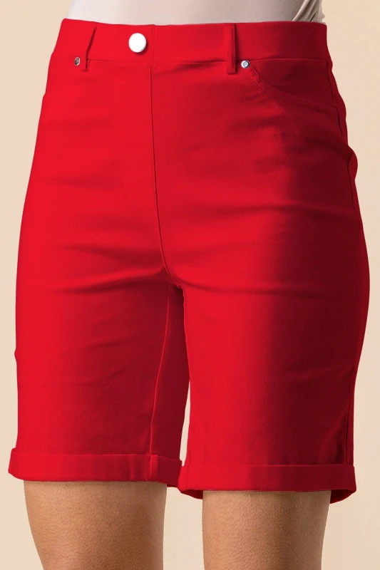 Image of Roman Womens Elastic Waist Turn Up Stretch Shorts in Red Size: 22 Red Female 22