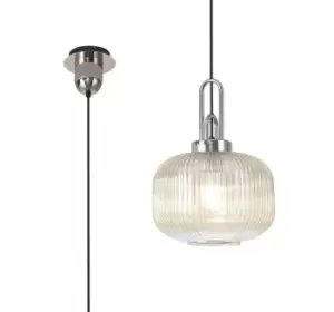 Image of 1 Light Pendant E27 With 30cm Pumpkin Shaped Ribbed Glass, Champagne Polished Nickel, Matt Black