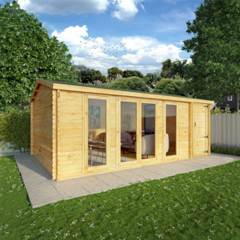 Image of Waltons 6.1M X 4M 28mm Wooden Log Cabin With Side Shed Outdoor Garden Room