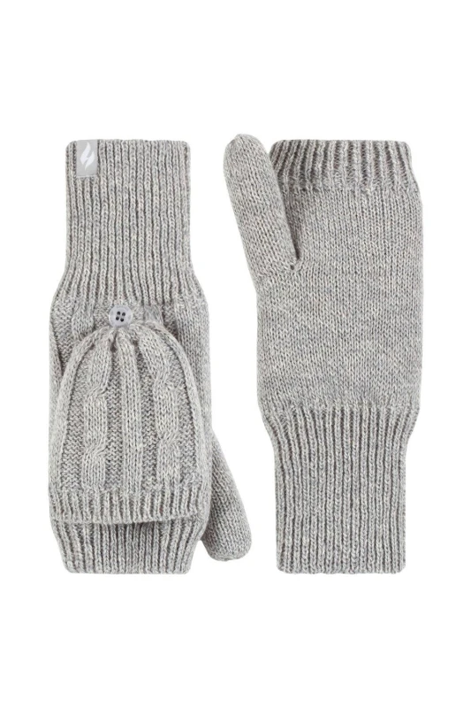 Image of SOCKSHOP Heat Holders Womens 1 Pair Ash Cable Knit Converter Mittens in Light Grey Light Grey Female One Size