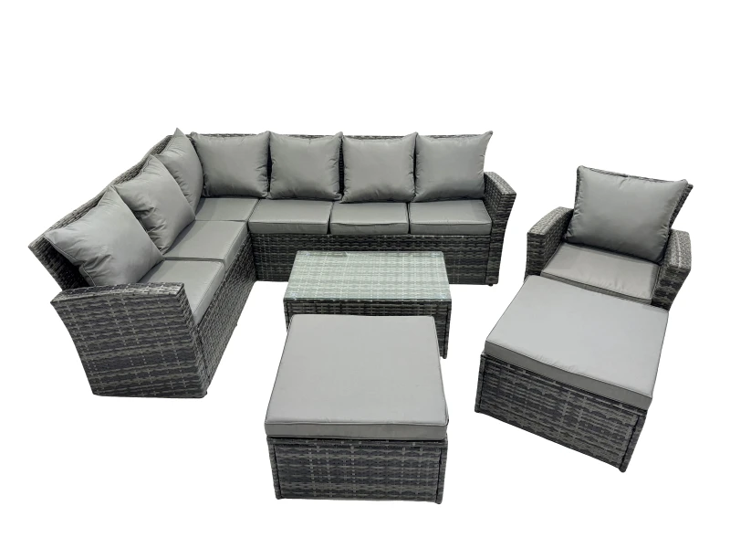 Image of Fimous 9 Seat Rattan High Back Corner Sofa Set with 2 Big Stools in Dark Grey Dark Grey Unisex