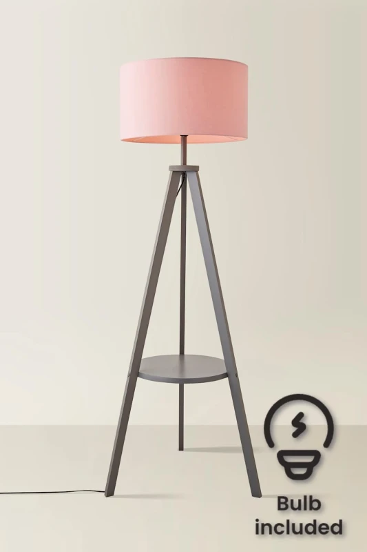 Image of ValueLights Morrigan Grey Wood Tripod Floor Lamp With Fabric Drum Lamp Shade and LED Bulb Pale Pink
