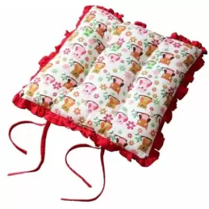 Image of Reversible Red Frilled Cushion Seat Pad with Ties Owls - Homescapes