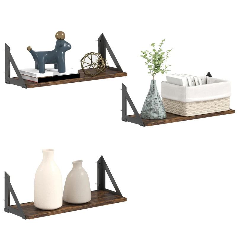 Image of HOMCOM Set of 3 Vintage Wall Shelves for Living Room Rustic Brown TJ Hughes 5063603648432