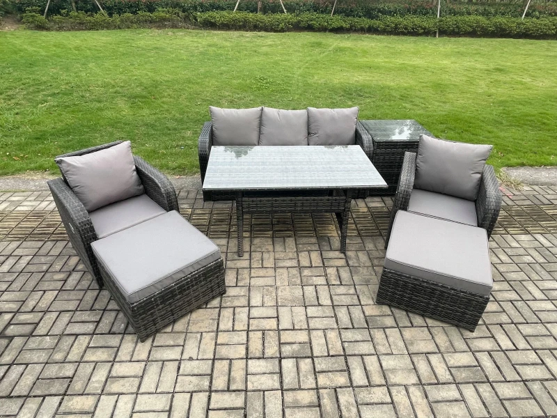 Image of Fimous 7 Seater Rattan Outdoor Garden Furniture Set Rectangular Dining Table & Chair Sofa Set With Side Table in Dark Grey Dark Grey Unisex