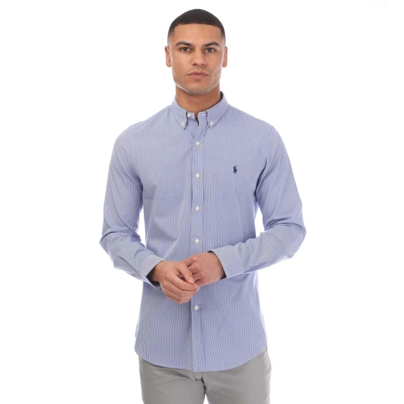 Image of Striped Embroidered Logo Shirt in Cotton Poplin and Slim Fit