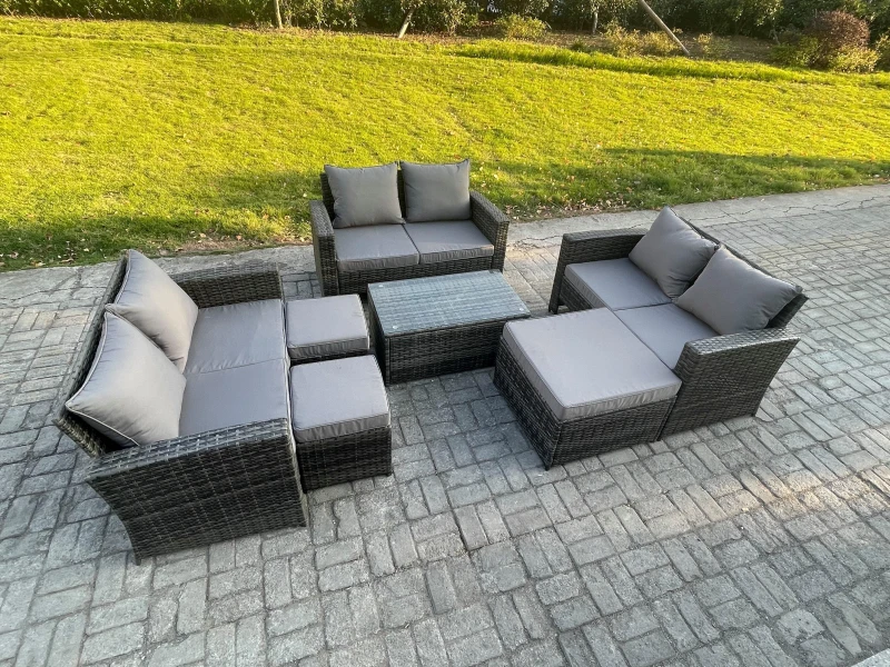 Image of Fimous 7pc Rattan Sofa Garden Furniture Outdoor Patio Set with 3 Footstools Double Seat Sofa Dark Grey Mixed Dark Grey Unisex