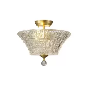 Image of Dresden 2 Light Semi Flush Ceiling Lamp E27 With Round 38cm Patterned Glass Shade Satin Gold, Clear