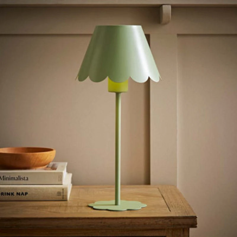 Image of ValueLights ValueLights Hattie Rechargeable Metal Scalloped Edge Portable Table Lamp in Pale Green Pale Green One Size Unisex 5016529273004