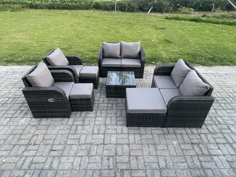 Image of Fimous Garden Furniture Set Rattan Outdoor Lounge Sofa Chair With Tempered Glass Table 3 Footstools Dark Grey Mixed Dark Grey