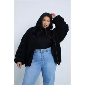 Image of I Saw It First Black Plus Borg Bomber Jacket With Ruched Sleeve And Funnel Neck - Black