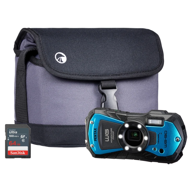 Image of Pentax WG-90 16MP 5x Zoom Tough Compact Camera - Blue - Camera + Sandi