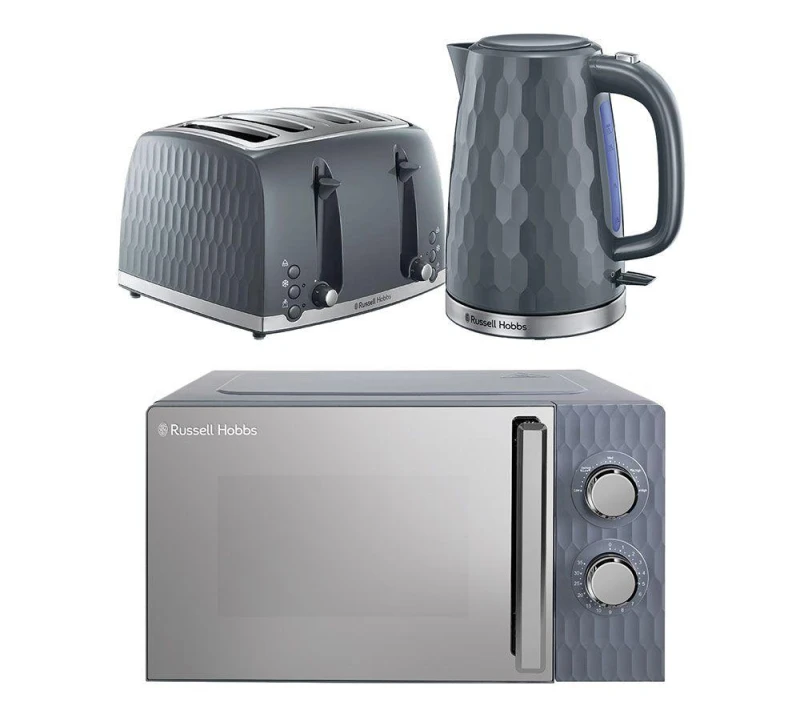 Image of Russell Hobbs Honeycomb Solo Microwave, Jug Kettle & 4-Slice Toaster Bundle - Grey, Silver/Grey 5056233840512