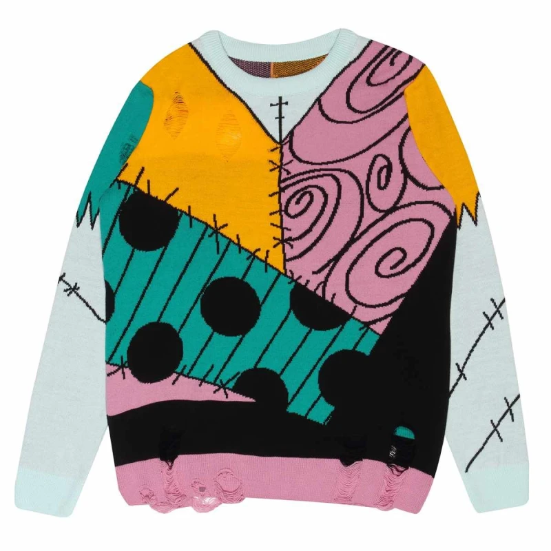 Image of Nightmare Before Christmas Mens Sally Outfit Distressed Knitted Jumper Size: Medium Multicolor Male M