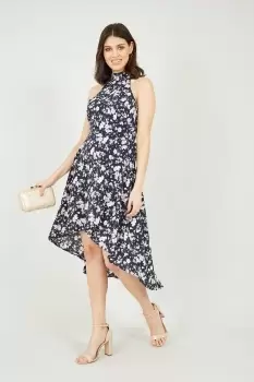 Image of Navy Floral Halter Neck High Low Dress