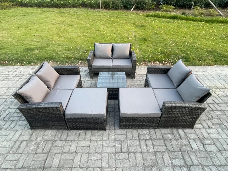 Image of Fimous 8 Seater Outdoor Rattan Garden Furniture Set Conservatory Patio Sofa Coffee Table Set with 2 Big Footstool Dark Grey Mixed Dark Grey Unisex