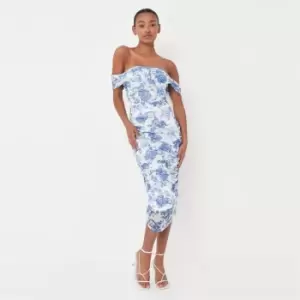 Image of Missguided Ruched Bardot Midi Dress Porcelain - Blue