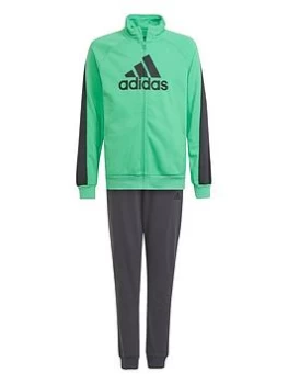 Image of adidas Junior Boys Badge Of Sport Cotton Tracksuit - Green/Black, Size 5-6 Years