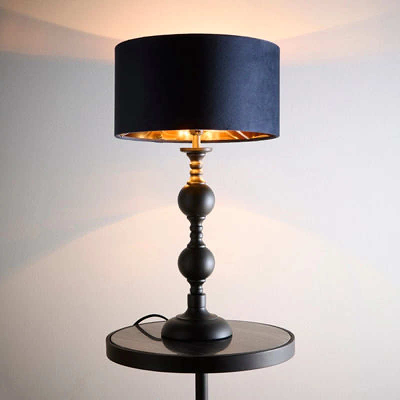 Image of K Living Churchgate Black Metal Base Table Lamp With Navy Velvet Shade
