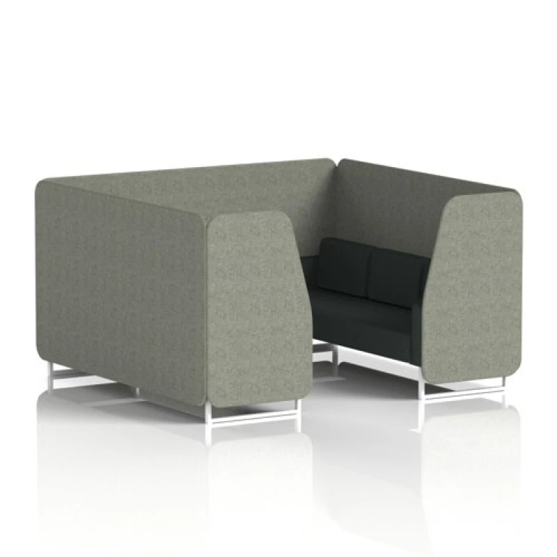 Image of Brixworth 6 Seater Office Booth with Front Panel - White Legs in Rivet Fabric - Vitreous Panels and Charcoal Sofa