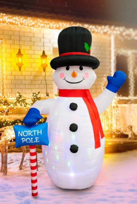 Image of Shatchi 6ft Inflatable Hand Waving Snowman With North Pole Sign Board Pre Lit Mains Powered White LED Lights