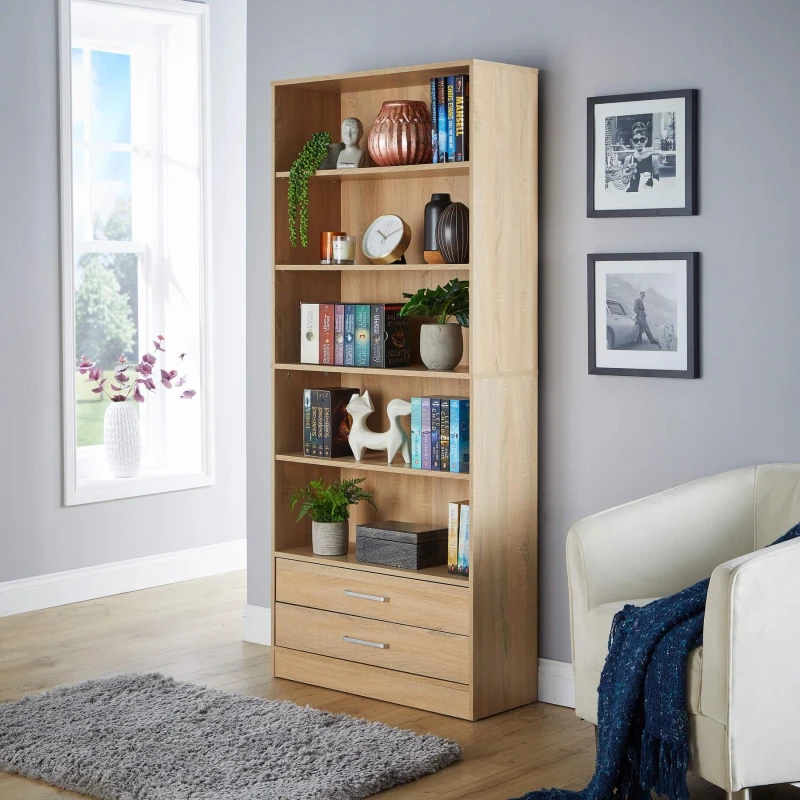 Image of Home Source Clara 2 Drawer Bookcase Storage Unit Light Oak