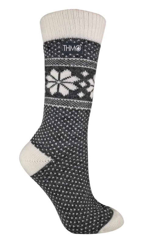 Image of THMO Ladies Festive THMO Wool Thermal Socks - Stay Warm and Stylish All Winter Long! - 4-8 UK / Fairisle Grey / Cream