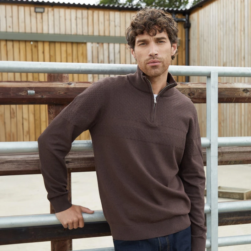 Image of Threadbare Basket Stitch Detail Knitted Quarter Zip Jumper Brown