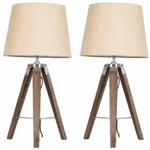 Image of Minisun - 2 x Wood & Chrome Tripod Table Lamps With White Light Shades - Beige
