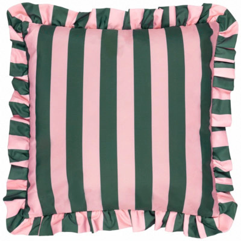 Image of Furn Palm Royale Stripe Ruffle Printed Outdoor Cushion in Pink Size: 50cm x 50cm Pink Unisex 50cm x 50 cm