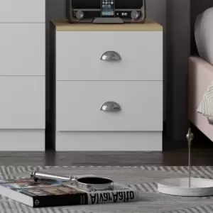 Image of 2 Drawer Bedside Cabinet Matt White Oak Bedroom Furniture Metal Cup Handles - White