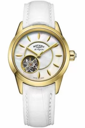 Image of Ladies Rotary Jura skeleton watch with a white leather strap LS90513/41/L3G