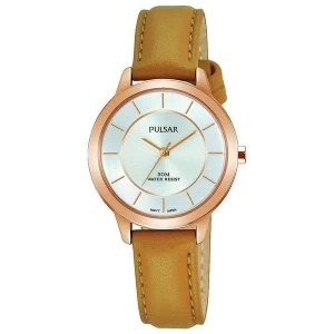 Image of Pulsar PH8374X1 Ladies Tan Leather Strap Rose Gold Case Silver Dial 50M Watch
