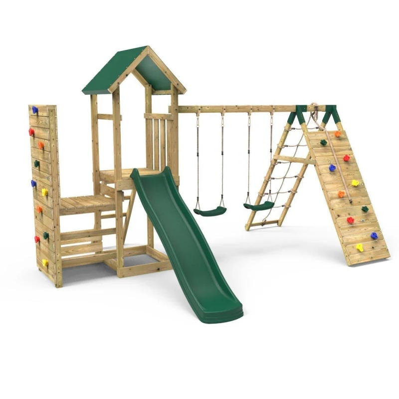 Image of Rebo Wooden Climbing Frame with Swings, Climbing Walls and Slide - Greenhorn Green Green
