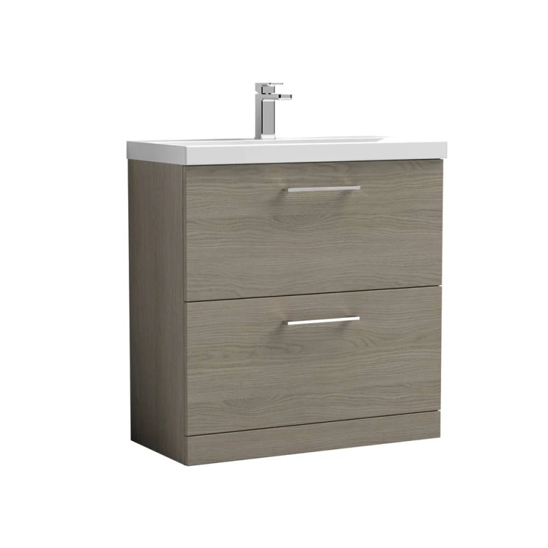 Image of Balterley Contemporary Bathroom Floor Standing 2-Drawer Vanity Unit & Mid-Edge Ceramic Basin, Solace Oak, 800 mm in Brown Brown Unisex