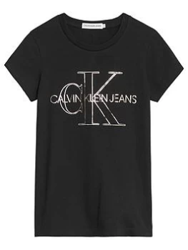 Image of Calvin Klein Jeans Girls Monogram Outline Slim T-Shirt - Black, Size Age: 16 Years, Women