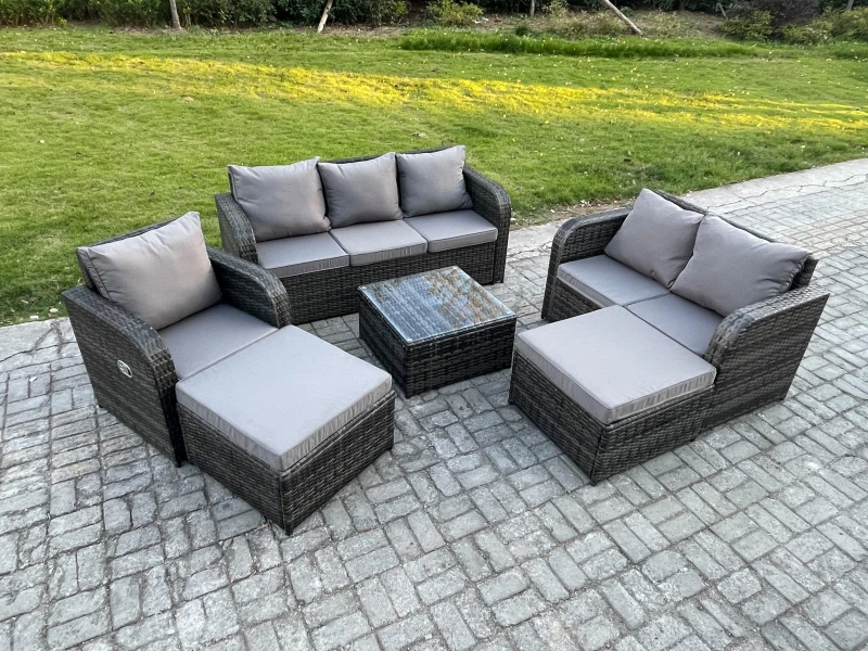 Image of Fimous 8 Seater High Back Rattan Garden Furniture Set with Square Coffee Table 2 Big Footstool Indoor Outdoor Patio Lounge Sofa Set Dark Grey Mixed Da